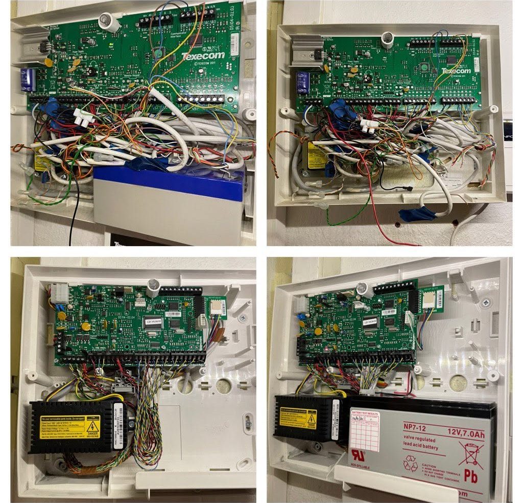 Texecom intruder alarm control panels wired and battery-backed during installation