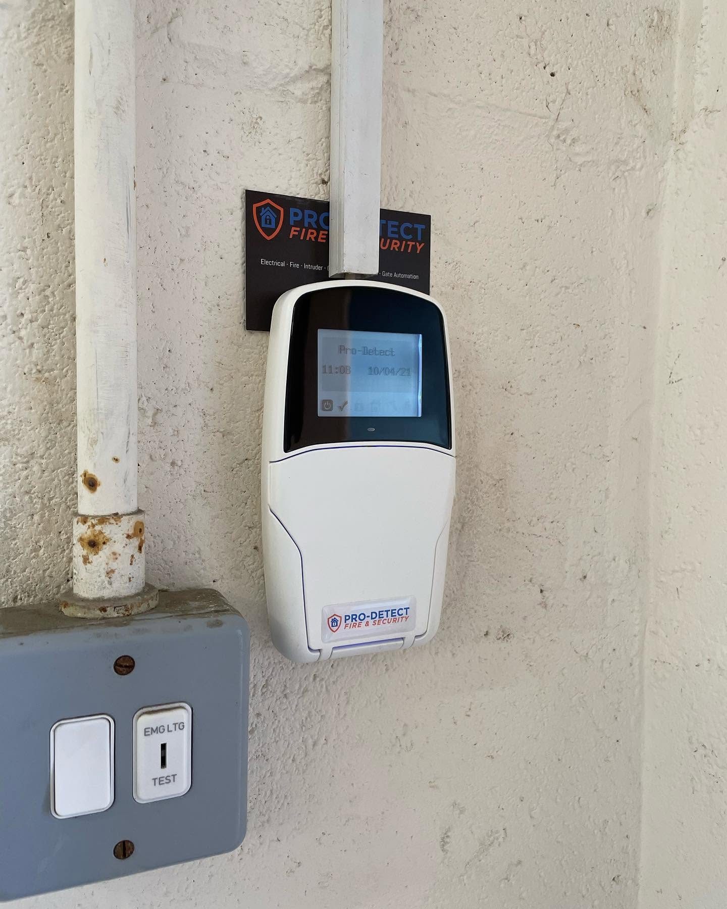 Pro-Detect intruder alarm keypad and control unit mounted on an external wall