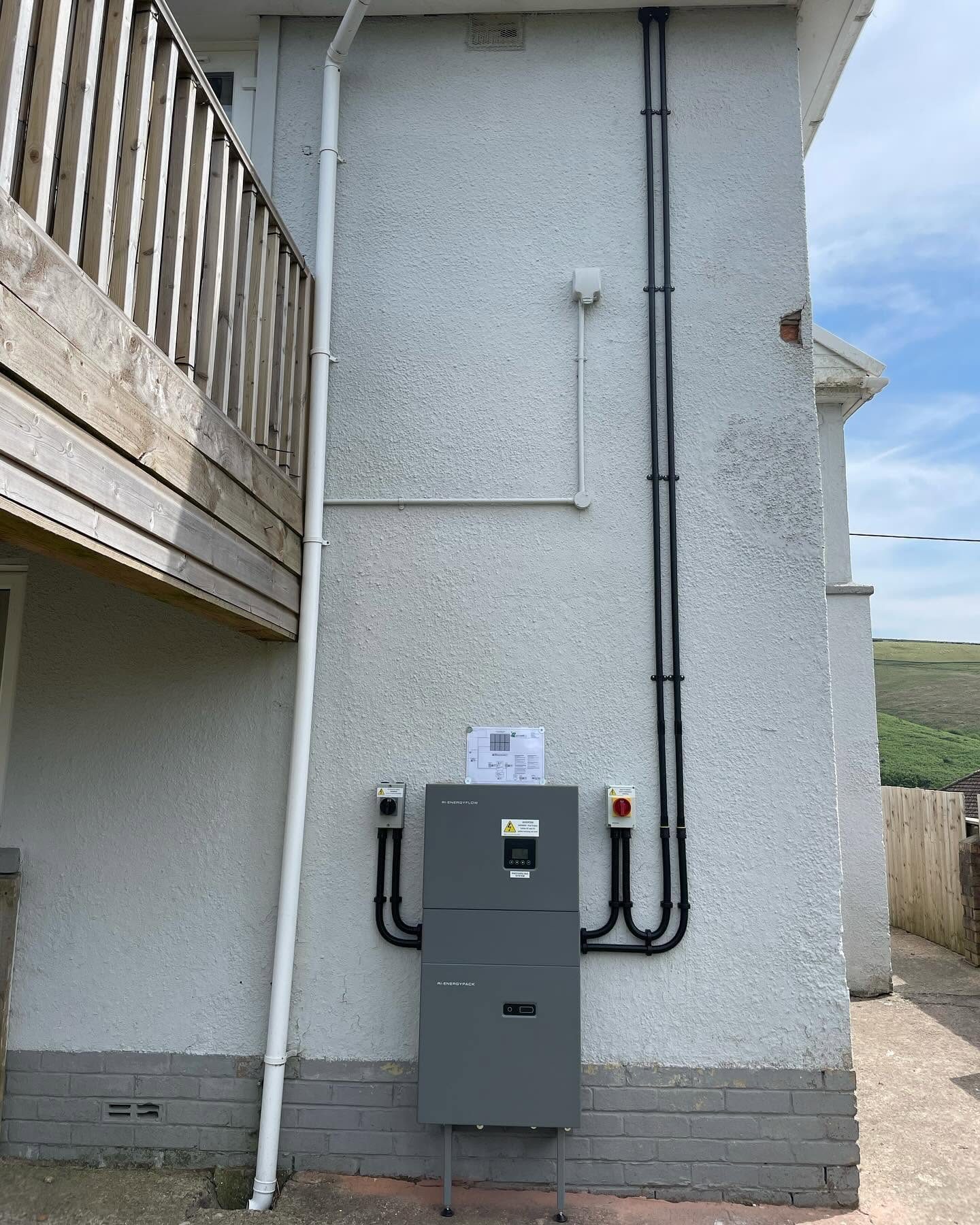 Solar PV and battery unit installed on a rural property wall overlooking open countryside