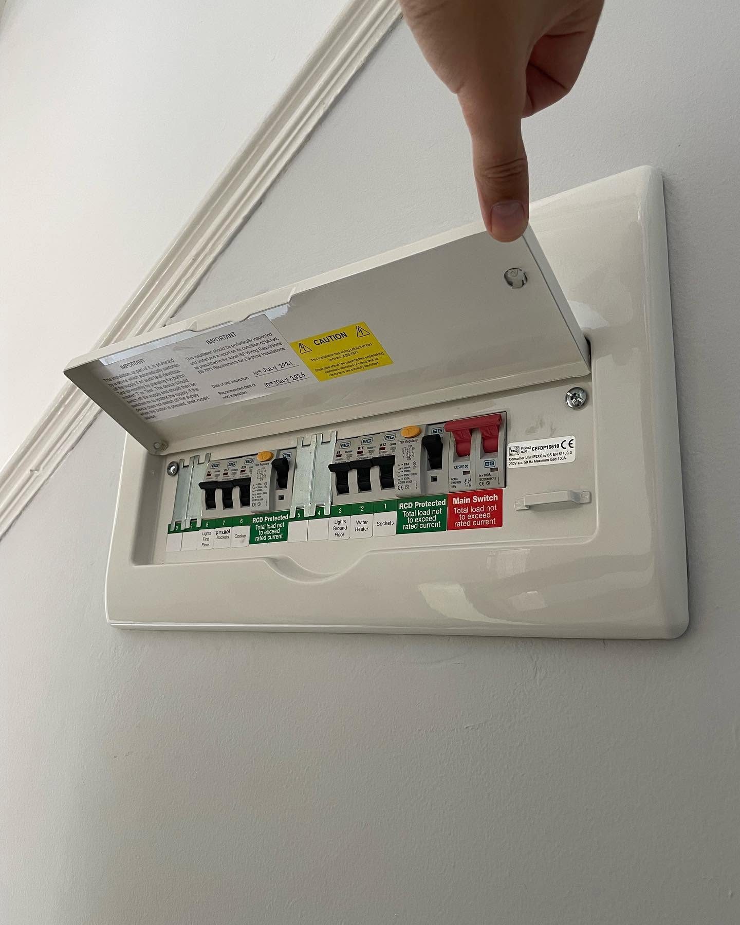 Labelled RCD-protected consumer unit installed by a qualified electrician
